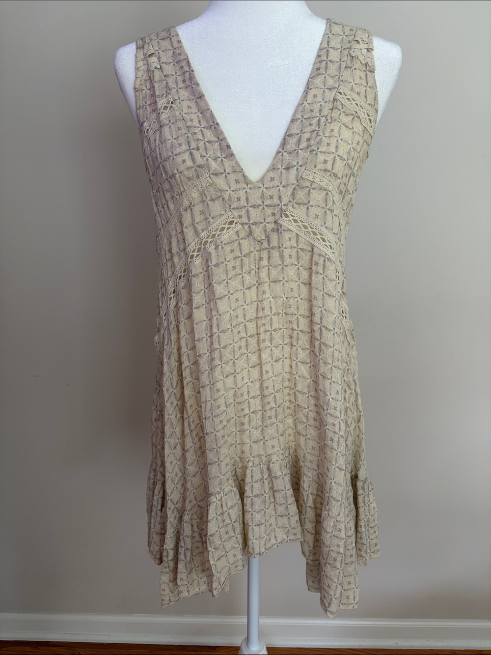 Free People Beige Crochet V-Neck Swing Dress